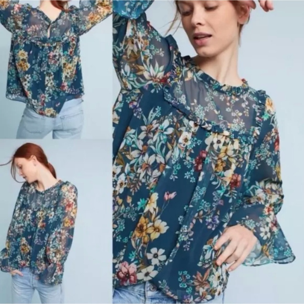 Gorgeous Anthropologie eri + ali Velma Floral Ruffle Long Sleeve Boho Top XS